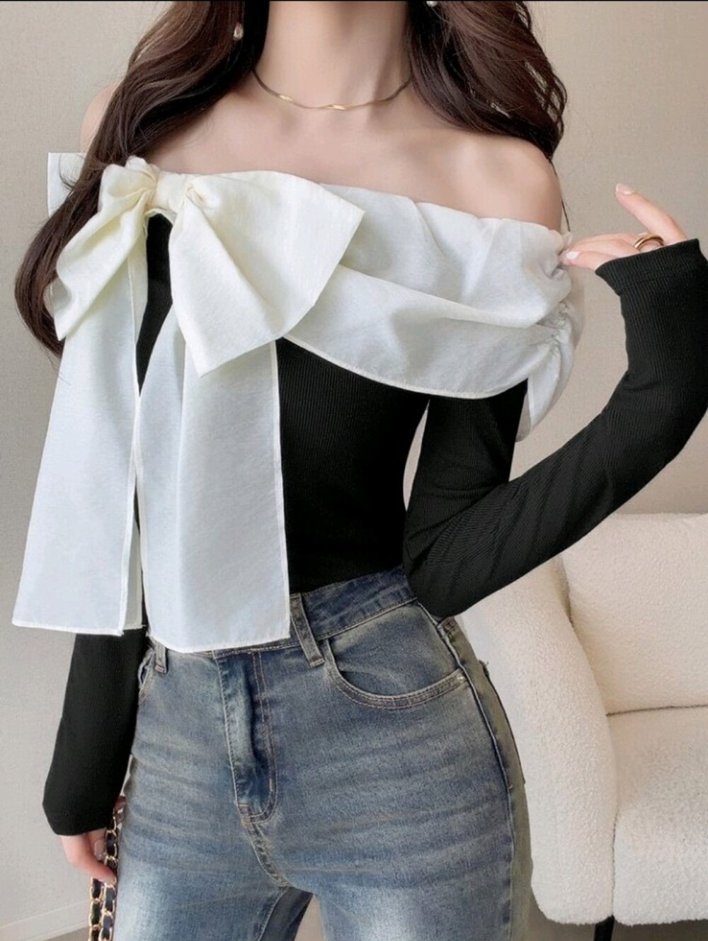 Colorblock Cold Shoulder Bow Front Tee Fall Long Sleeve Tops